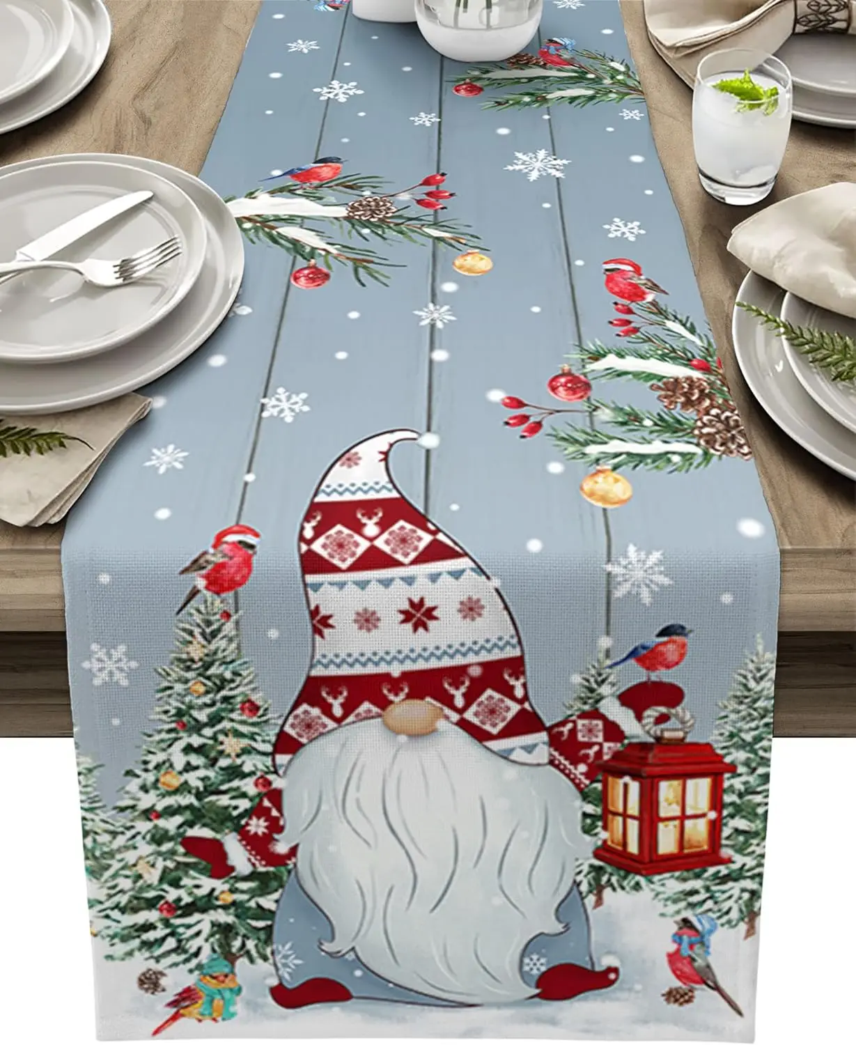 Christmas Table Runner - Рождественский гном, дерево, снежинка, деревянное зерно,