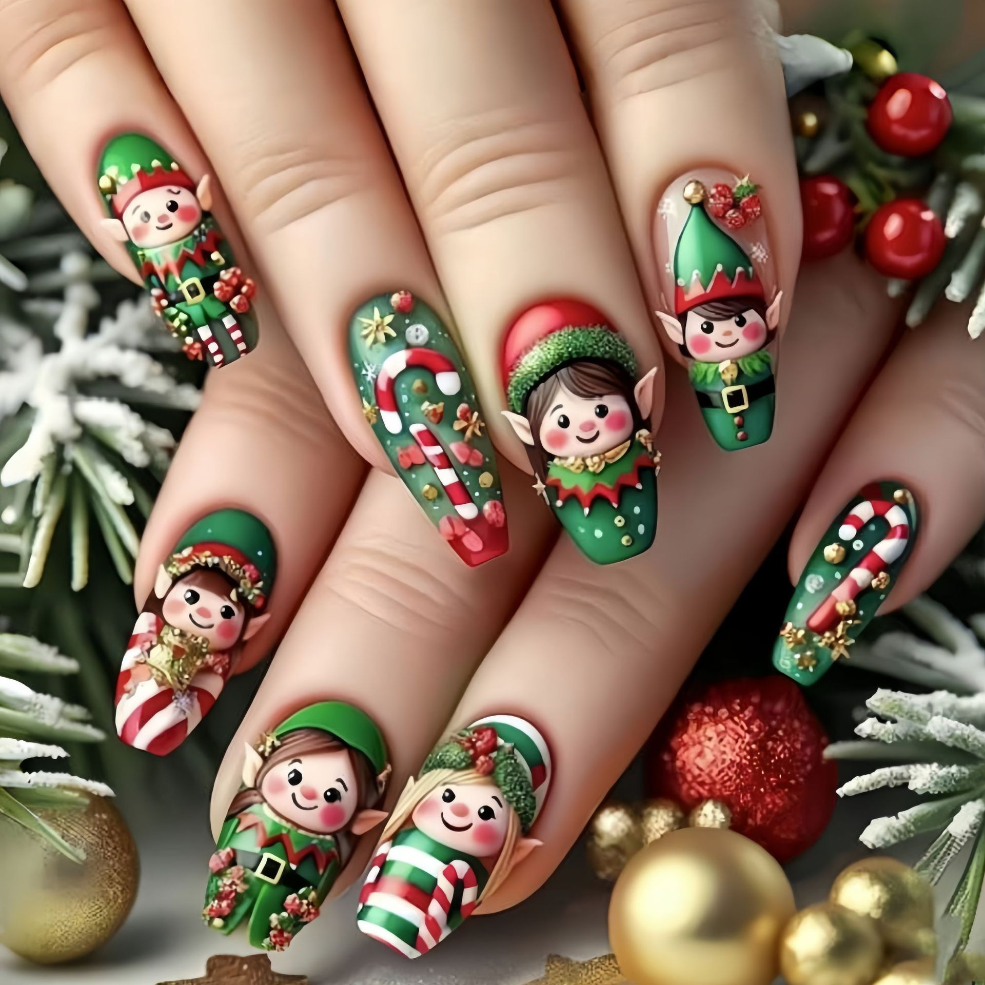 Christmas Tree Artificial - Средние накладные ногти для рождественской вечеринки,